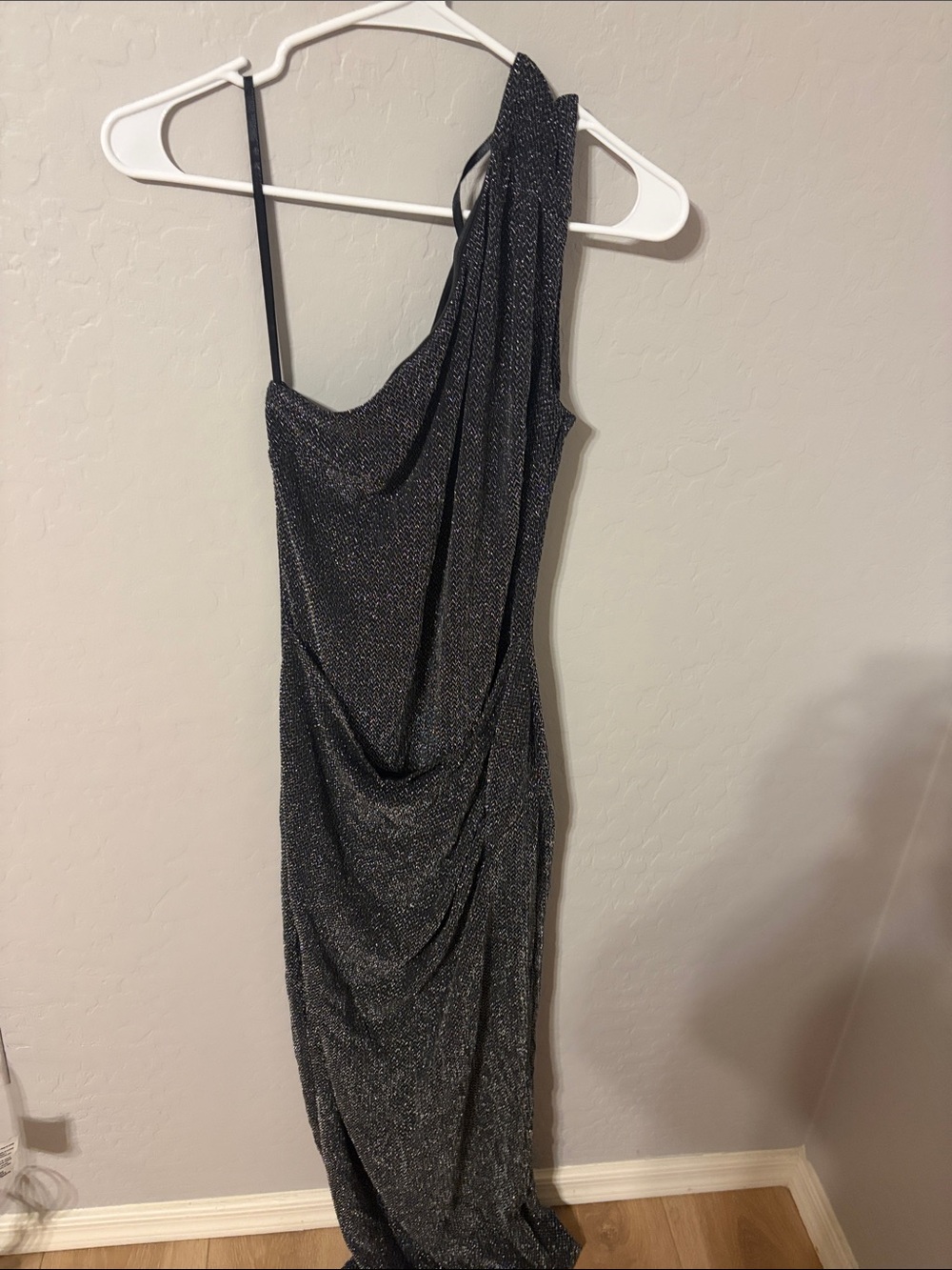 One-Shoulder Black Metallic Evening Gown